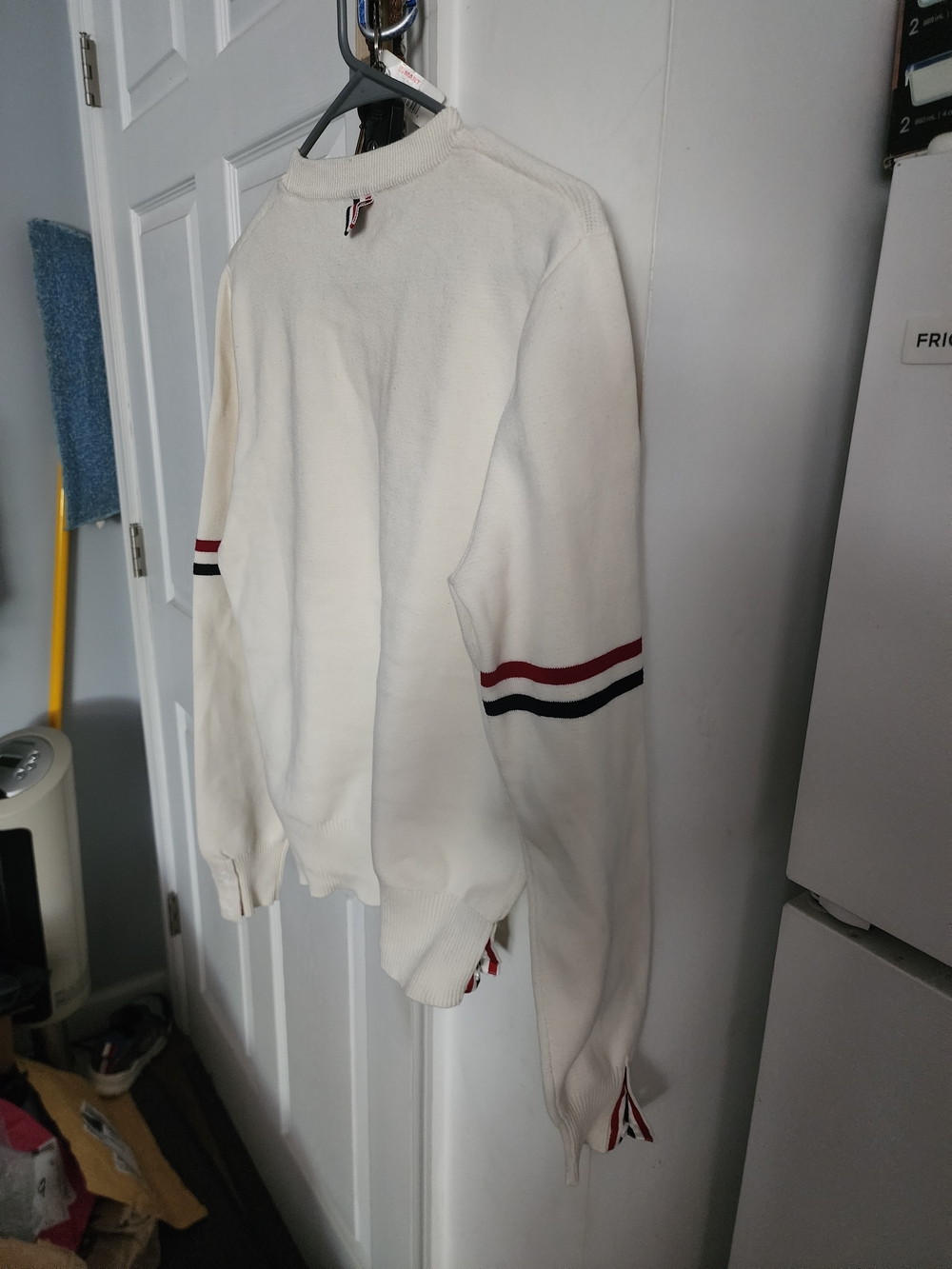 Thom Browne Cream Ribbed Crewneck Sweater